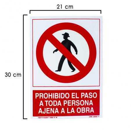 Cartel prohibido paso persona ajena obra 30x21 cm.