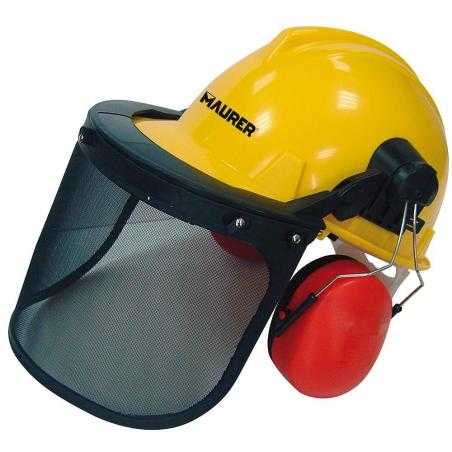 Casco con visera, protector facial de rejilla y protector auditivo